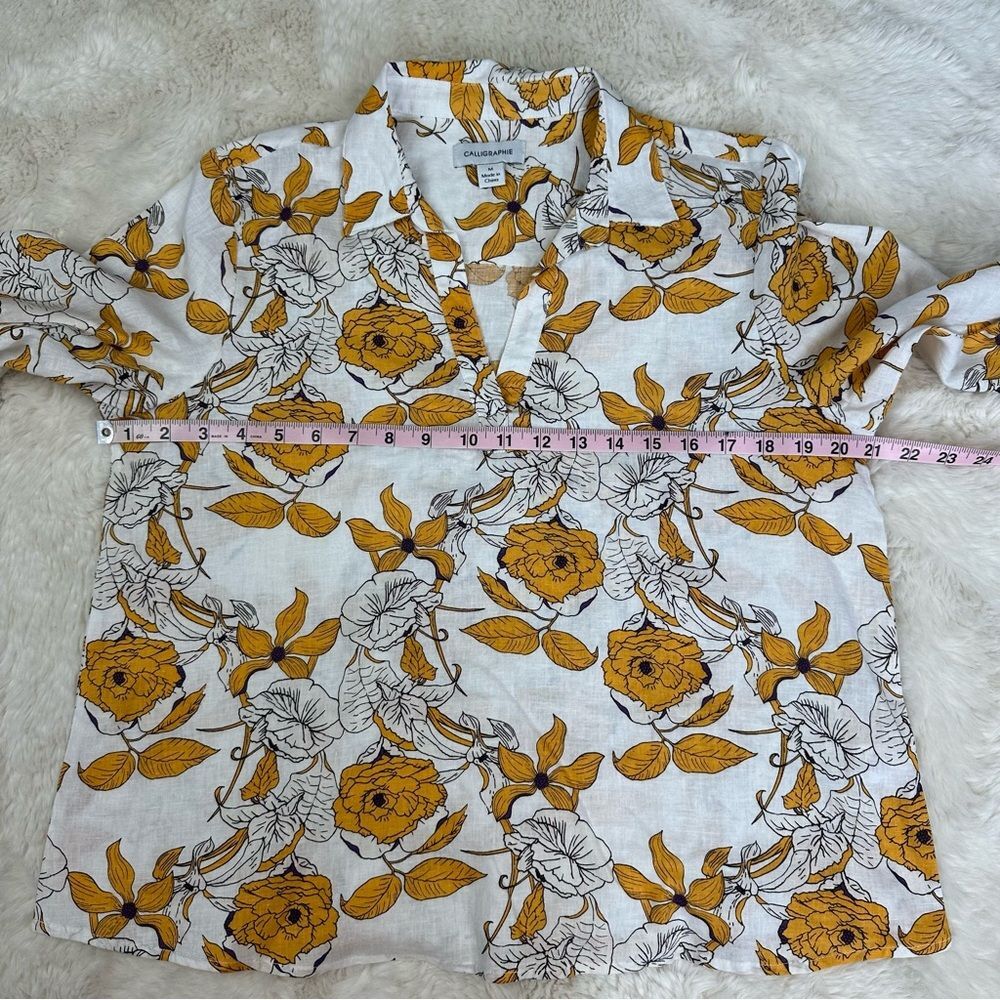 Calligraphie White & Yellow Floral Print Linen Blouse, M - Picture 3 of 7